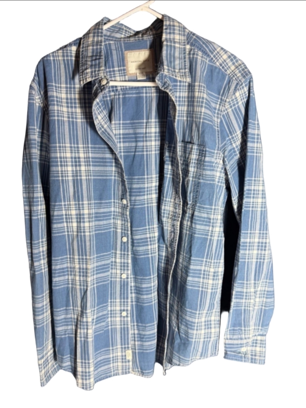Men's American Eagle Blue White Plaid Casual Button Down Shirt M preppy y2k 90's